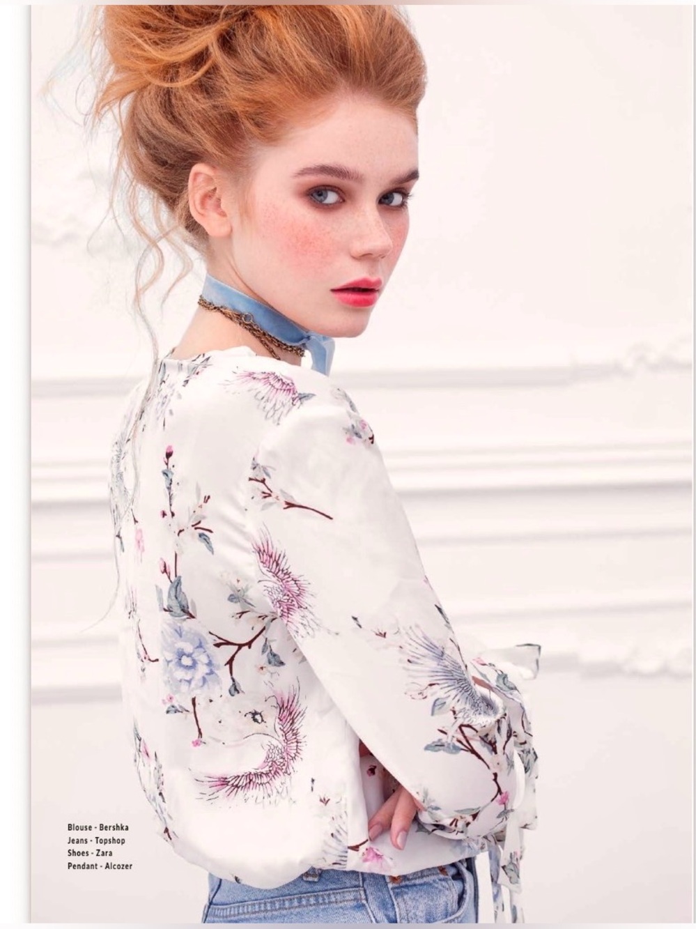 Bershka ivory floral crossover blouse